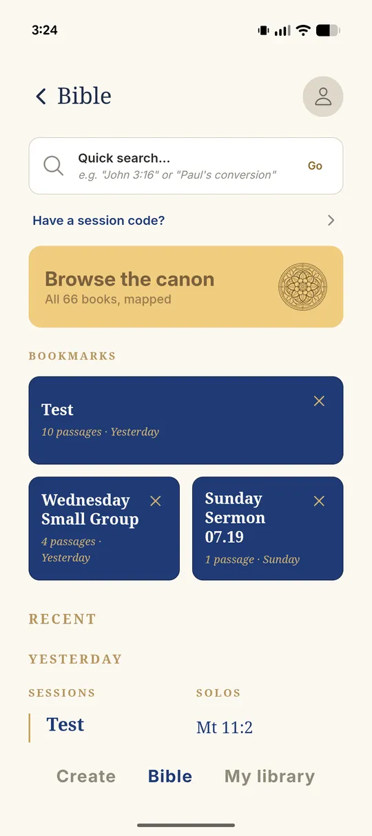 Rapt's Bible Hub with quick search, browse the canon, bookmarks and recent sessions.