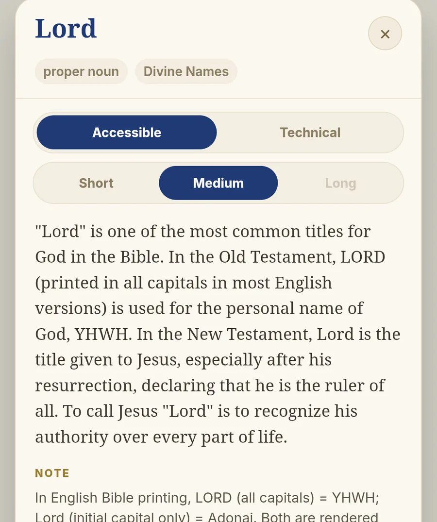 Rapt's theological dictionary sheet defining a term, with accessible and technical modes.