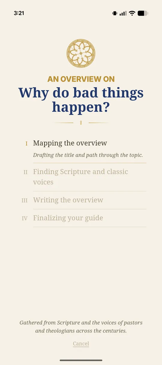 Rapt's generation screen, showing the stages: mapping the overview, finding Scripture and classic voices, writing, and finalizing.