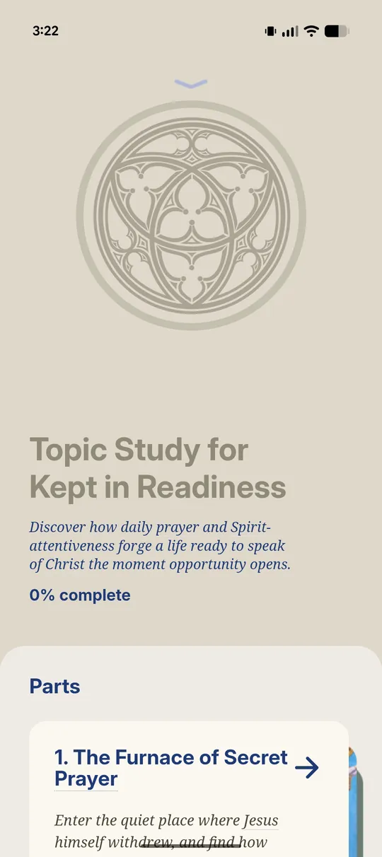 A finished study outline in Rapt, with the title, a summary, progress, and the list of parts.