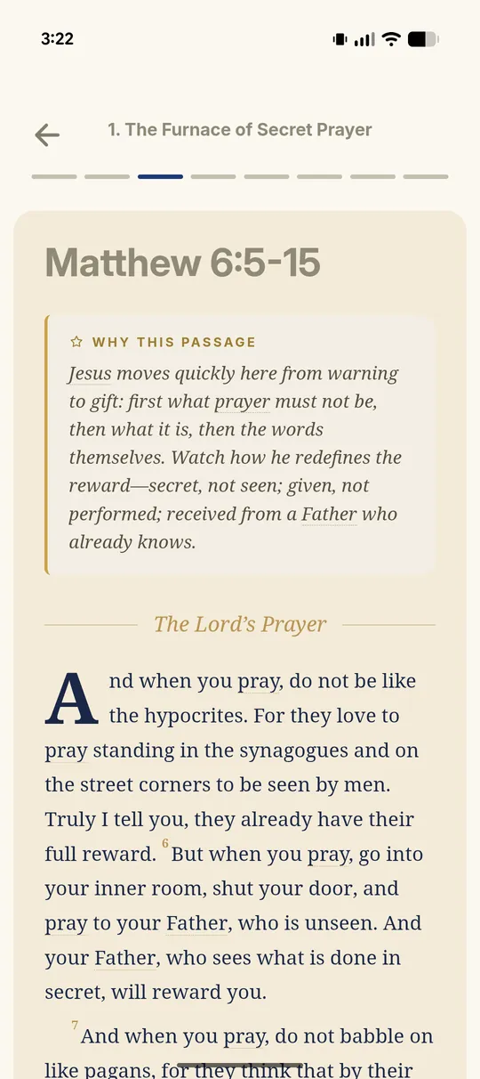 A Scripture card in Rapt showing Matthew 6:5-15 with a why-this-passage note.