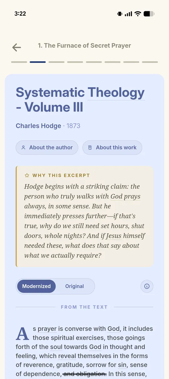 A source excerpt card showing Charles Hodge's Systematic Theology with author and work sheets.