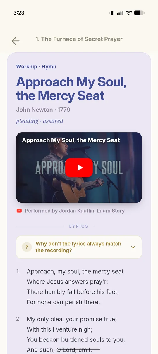 A worship card playing a hymn recording with the lyrics below it.